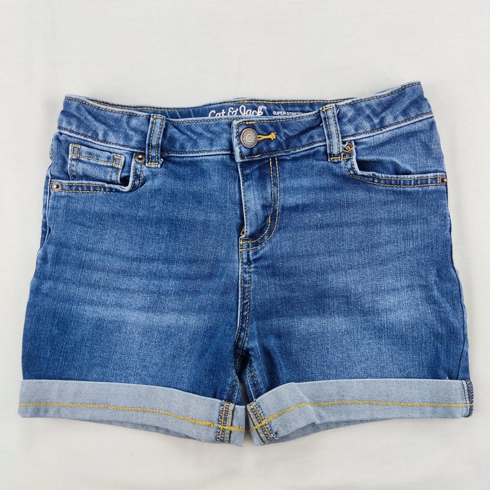 Cat & Jack Shorts Girls L 10/12 Blue Midi Super Stretch Cuffed Denim Casual